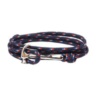 Bracelet cordon bleu marine à points rouges et blancs avec fermoir marteau argenté multiple tours.