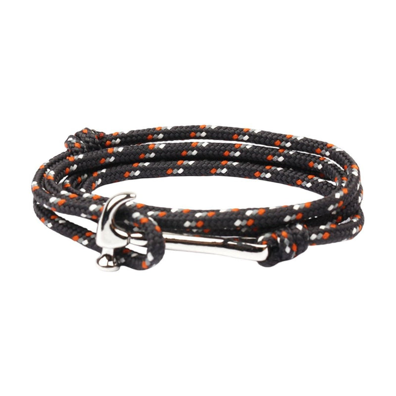 Bracelet cordon bleu marine à motifs orange et blanc, fermoir argenté marteau, style multiple-tour.