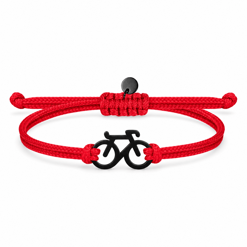 Bracelet Raymond Rouge, charm vélo en acier inoxydable, posé de face sur fond blanc