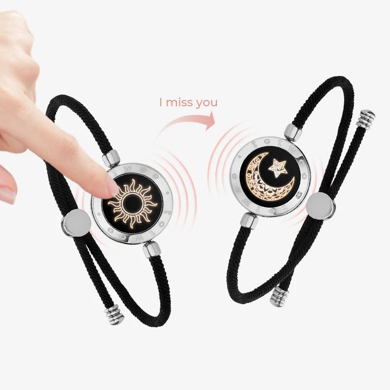 Bracelets couple noir à cordon coulissant avec pendentifs ronds en métal argenté, design soleil et lune gravés, tactiles et.