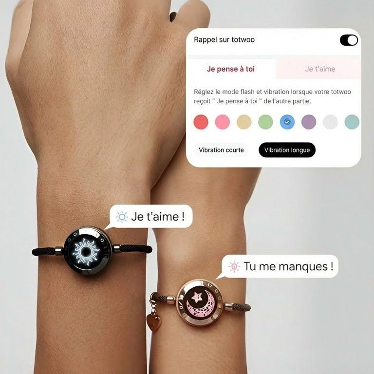 Bracelet couple noir à cordon coulissant avec pendentif rond soleil noir et lune rose, design interactif tactile.