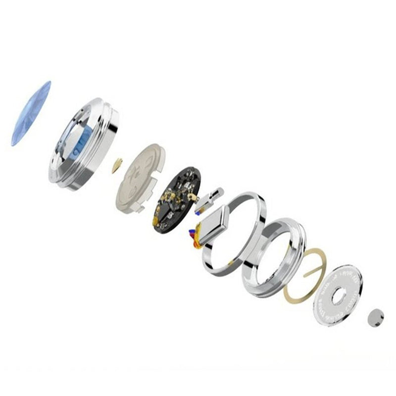 Exploded view of silver connected couple bracelet showing internal electronic components and circular metal parts.