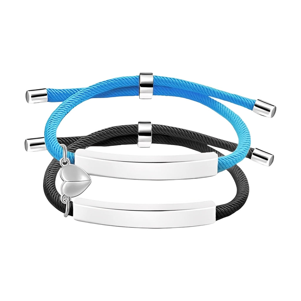 Bracelets couples en corde bleu et noir avec plaques gravables inox et cœur aimanté argenté.
