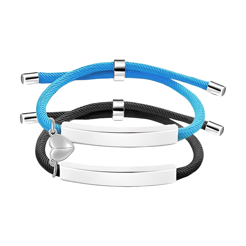 Bracelets couples en corde bleu et noir avec plaques gravables inox et cœur aimanté argenté.