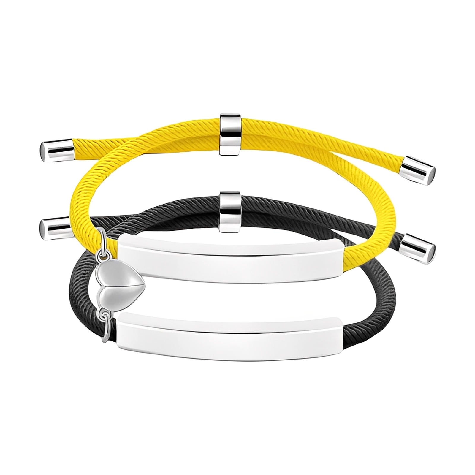 Bracelets couple en corde jaune et noire avec plaques en acier inoxydable et cœur aimanté gravable.