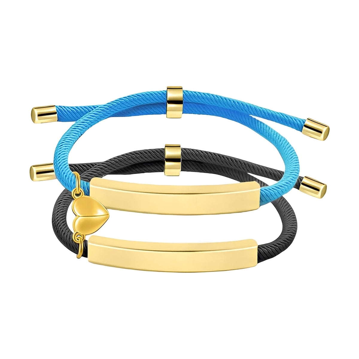 Bracelets couple en corde bleu et noir avec barres gravables et cœur magnétique doré.