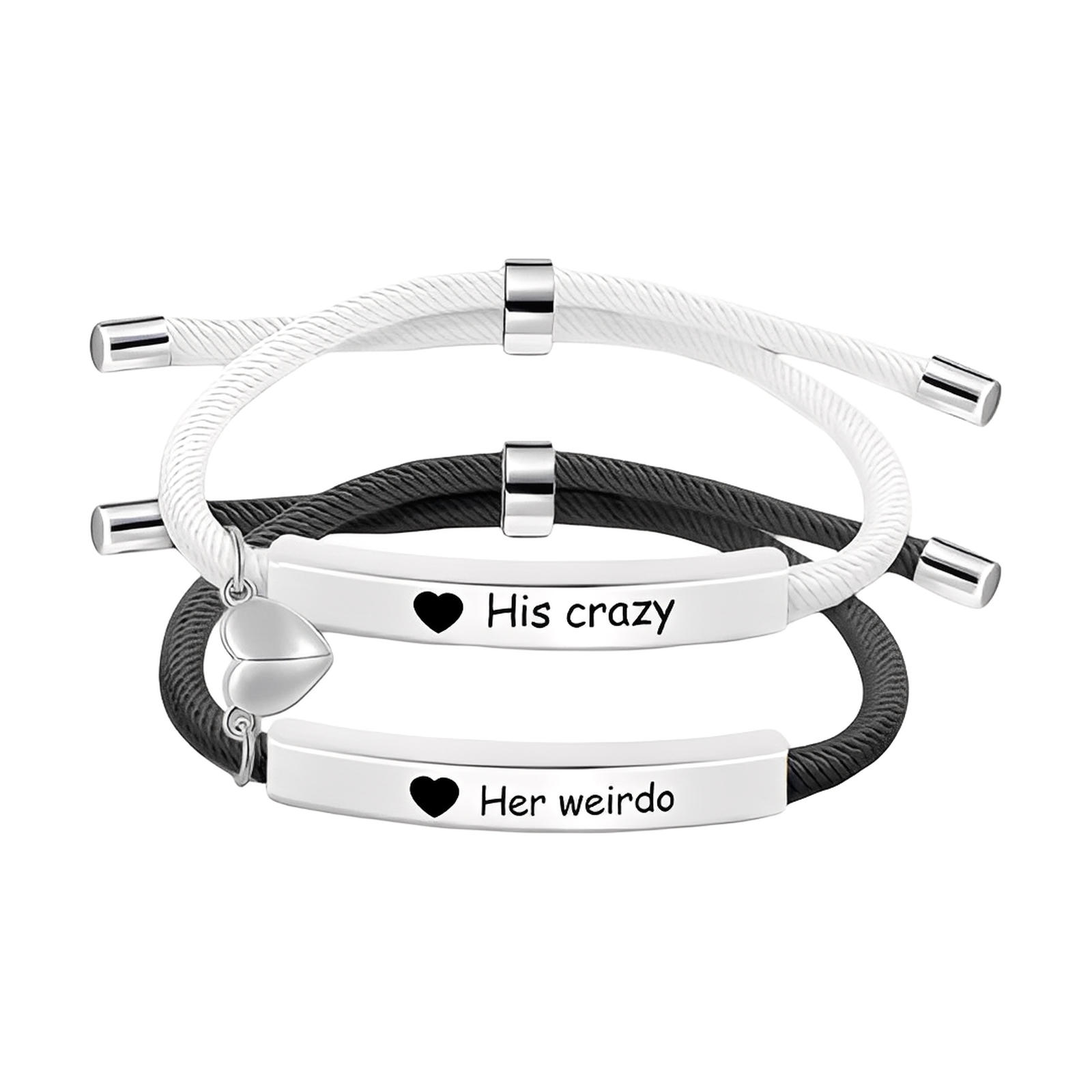 Bracelet couple corde blanc et noir avec barre acier inox gravée "His crazy" et "Her weirdo", cœur aimanté argenté.