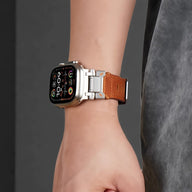 Bracelet cuir marron avec coutures visibles, fermoir boucle ardillon en acier inoxydable, compatible Apple Watch 42-49 mm,.