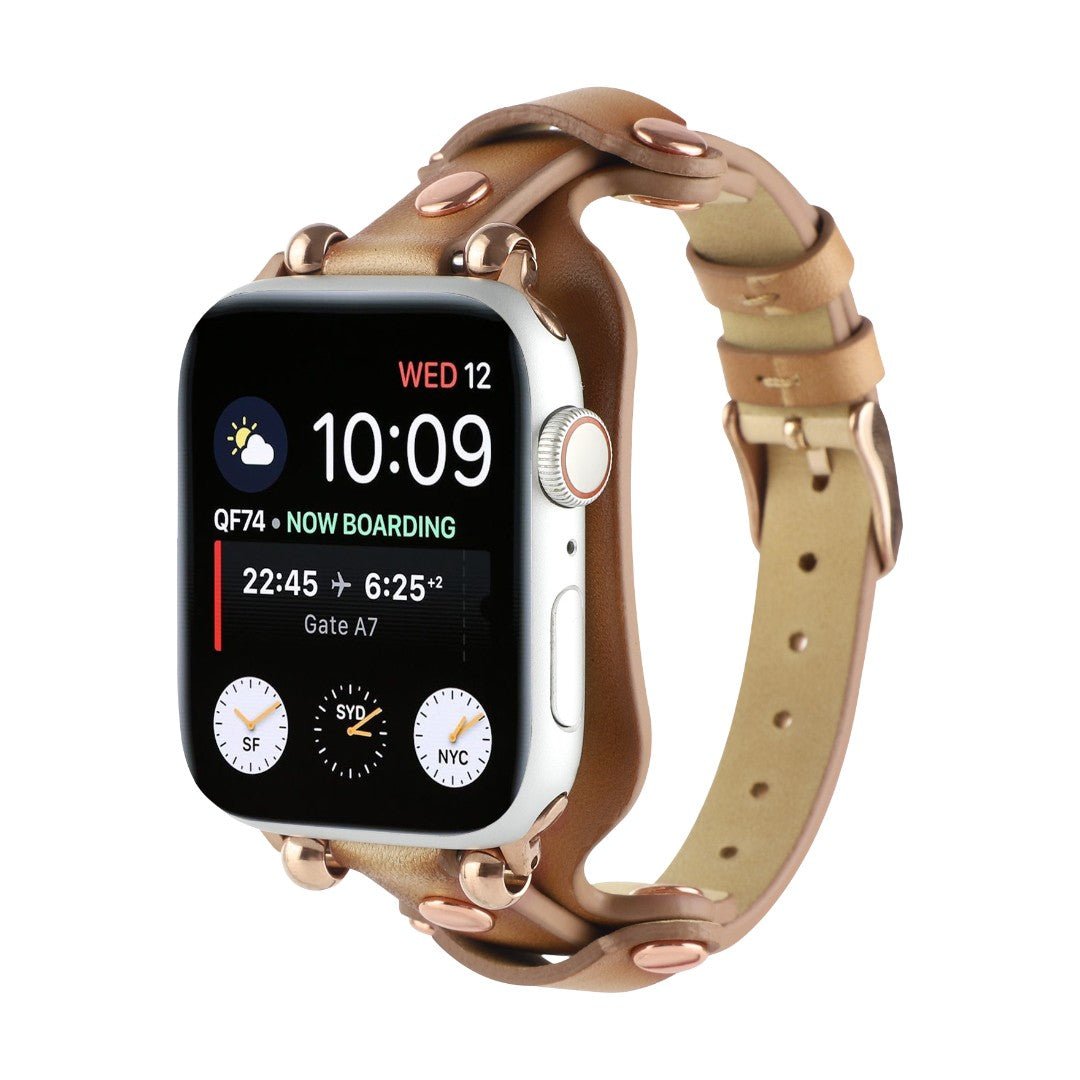 Bracciale in pelle per Apple Watch, polsino largo con fibbia ad ardiglione, design moderno con borchie in acciaio, modello Riveira