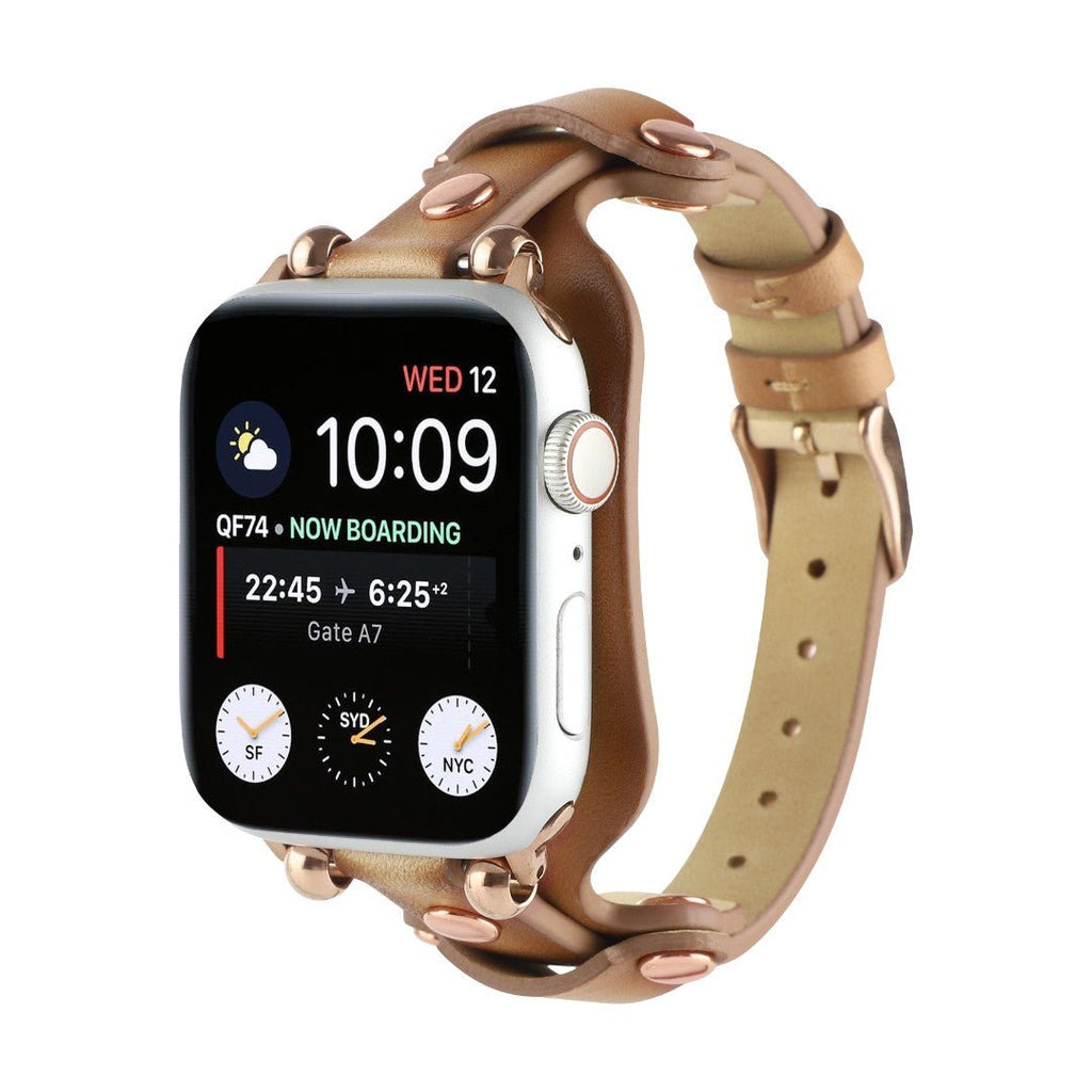 Bracciale in pelle per Apple Watch, polsino largo con fibbia ad ardiglione, design moderno con borchie in acciaio, modello Riveira