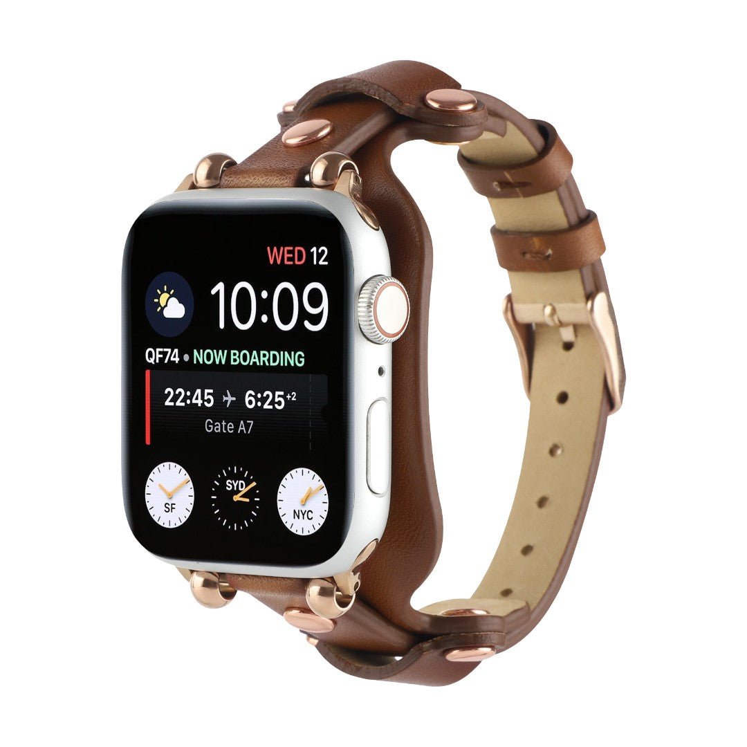Bracciale in pelle per Apple Watch, polsino largo con fibbia ad ardiglione, design moderno con borchie in acciaio, modello Riveira