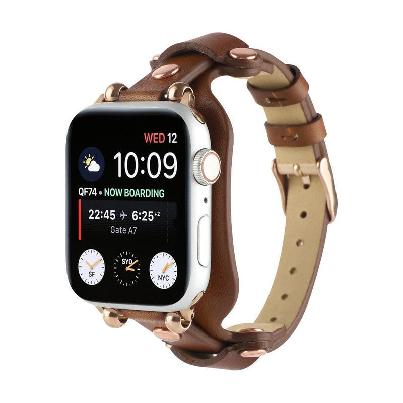 Bracciale in pelle per Apple Watch, polsino largo con fibbia ad ardiglione, design moderno con borchie in acciaio, modello Riveira