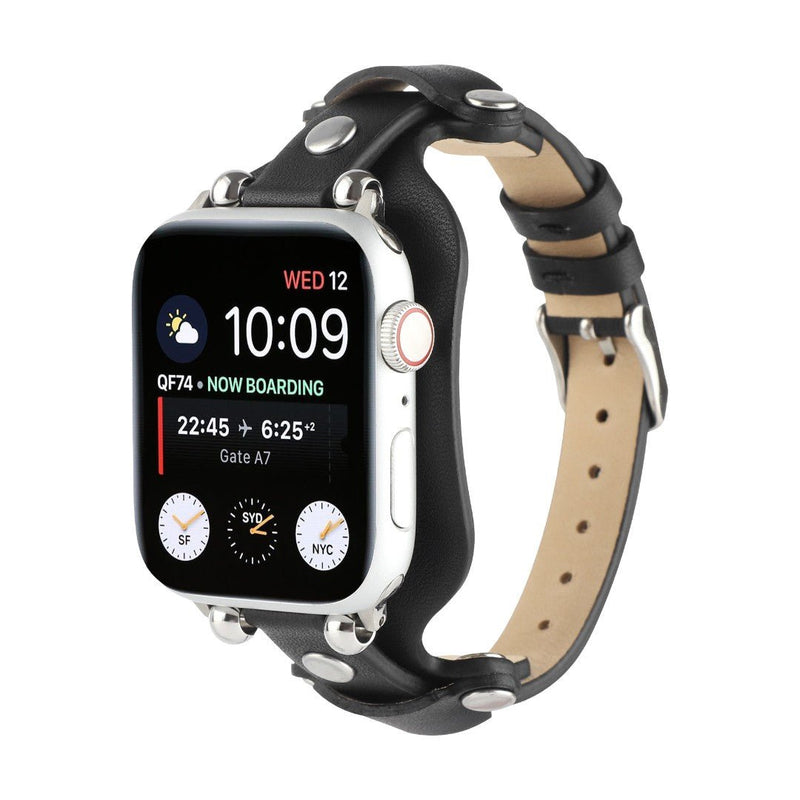 Bracciale in pelle per Apple Watch, polsino largo con fibbia ad ardiglione, design moderno con borchie in acciaio, modello Riveira