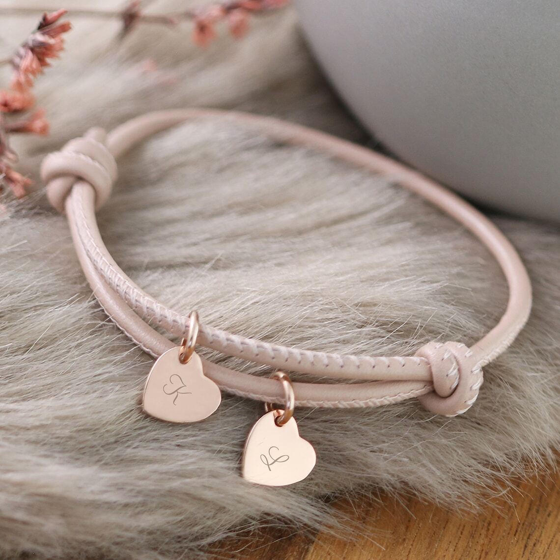 Leather bracelet with customizable heart charm, stainless steel, defined love, Malove model