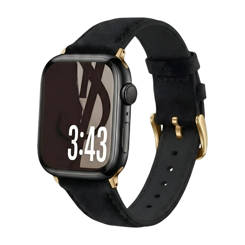 Bracelet en cuir noir doux pour Apple Watch avec boucle dorée élégante et finitions soignées.