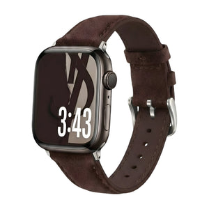 Bracelet en cuir marron foncé pour Apple Watch avec boucle argentée élégante et finition lisse.