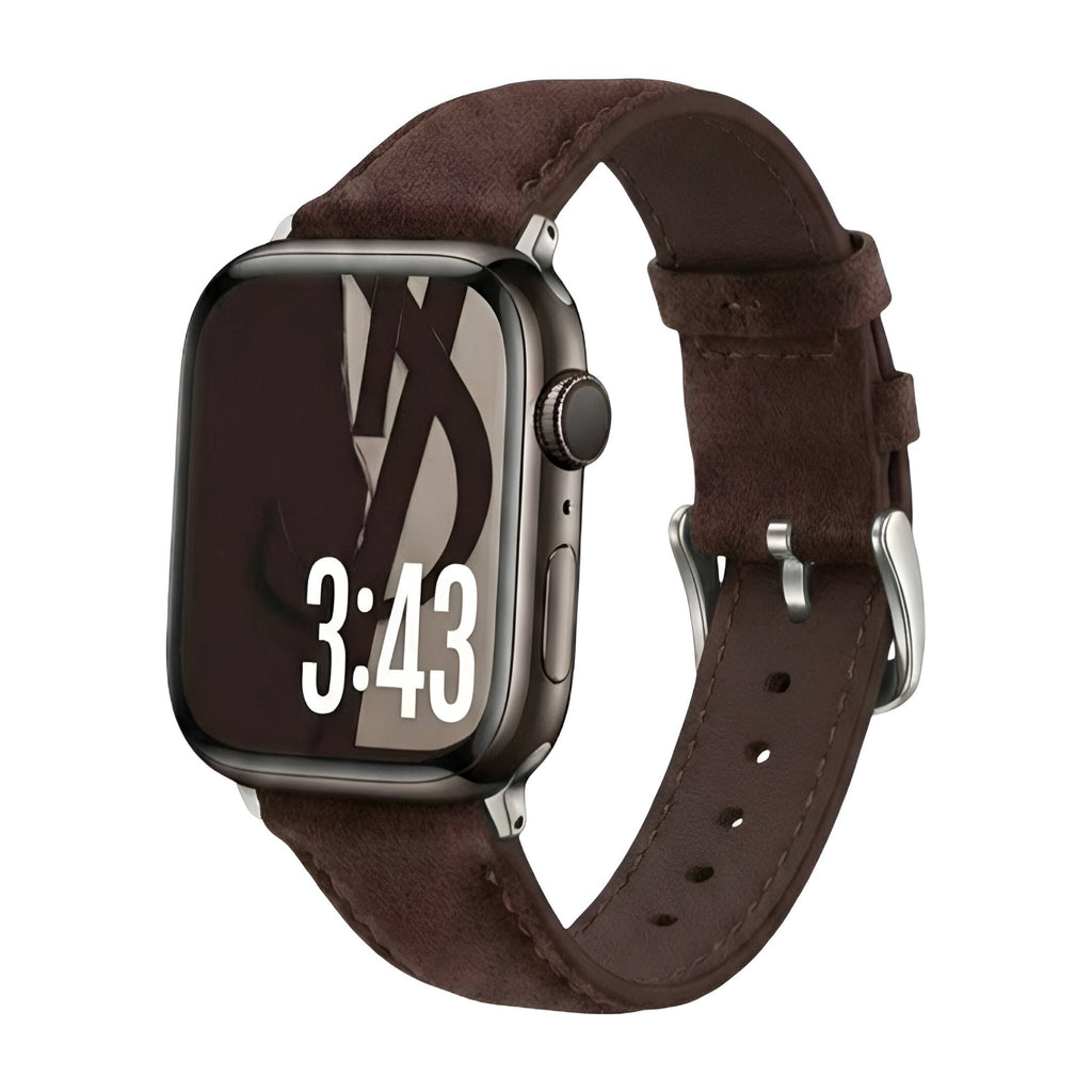 Bracelet en cuir marron foncé pour Apple Watch avec boucle argentée élégante et finition lisse.