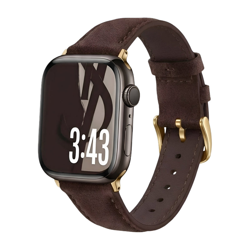 Bracelet en cuir marron foncé avec boucle dorée pour Apple Watch, style élégant et confortable.