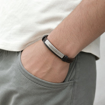 Men's Leather and Metal Bracelet, Custom Engravable Plate, Practical Magnetic Clasp, Men's Fashion Accessory, Unique Gift, Kanz model