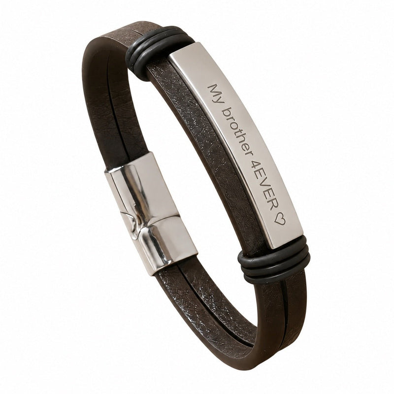 Men's Leather and Metal Bracelet, Custom Engravable Plate, Practical Magnetic Clasp, Men's Fashion Accessory, Unique Gift, Kanz model