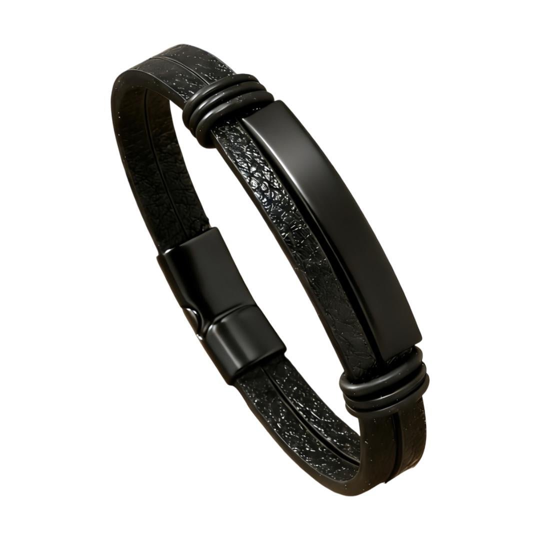 Men's Leather and Metal Bracelet, Custom Engravable Plate, Practical Magnetic Clasp, Men's Fashion Accessory, Unique Gift, Kanz model