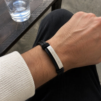 Men's Leather and Metal Bracelet, Custom Engravable Plate, Practical Magnetic Clasp, Men's Fashion Accessory, Unique Gift, Kanz model