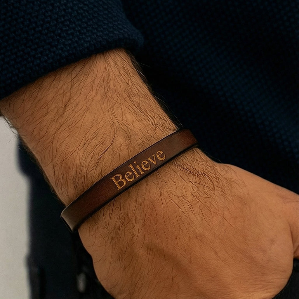 Bracelet cuir marron foncé gravé "Believe" avec fermoir magnétique noir porté au poignet homme.