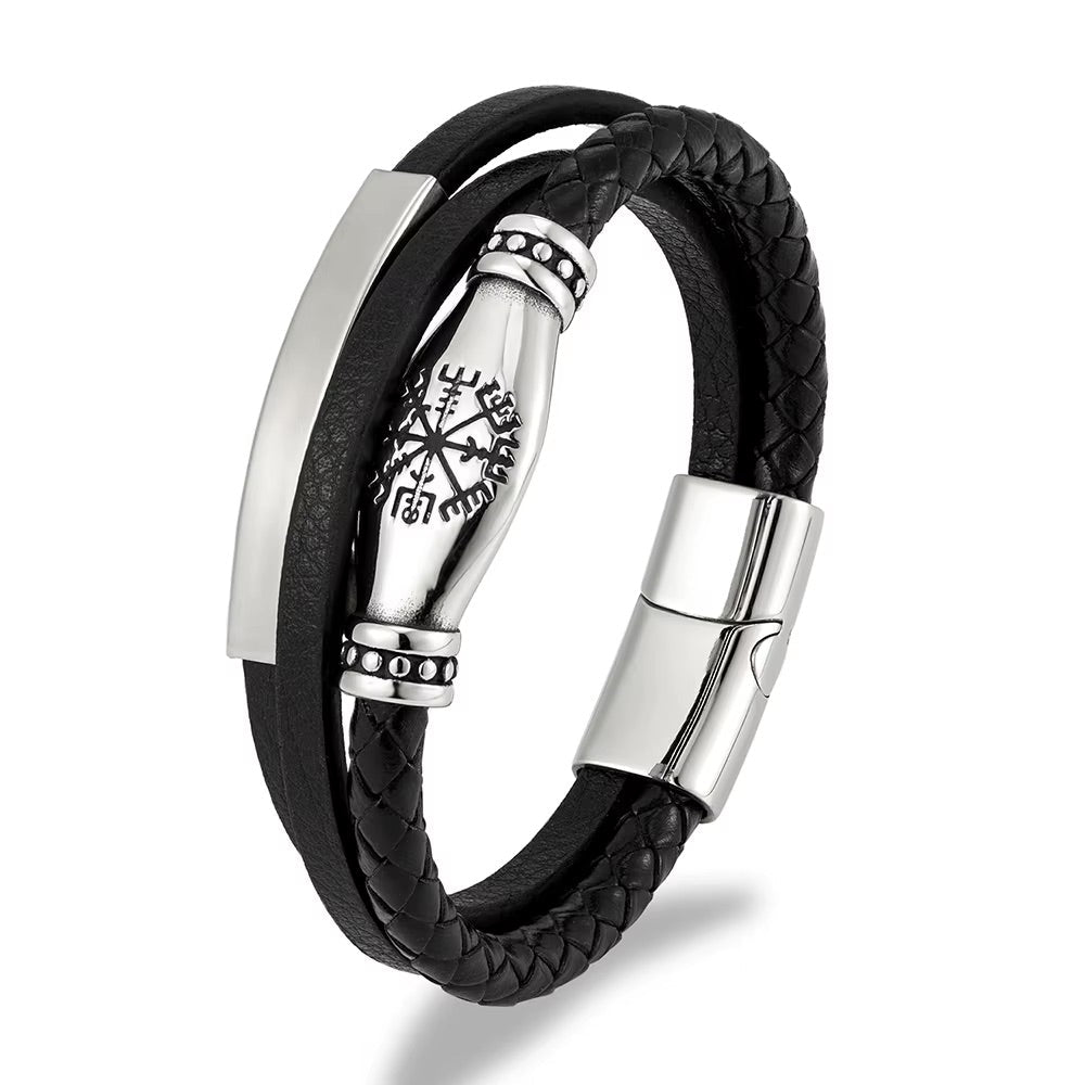 Men's Multi-Strand Leather Bracelet with Engraved Viking Symbol, Braided Leather Bracelet with Customizable Stainless Steel Plate, Vilfrid Model