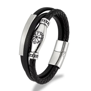 Bracelet cuir homme multi rangs avec symbole viking gravé, bracelet cuir tressé et plaque acier inoxydable personnalisable, modèle Vilfrid