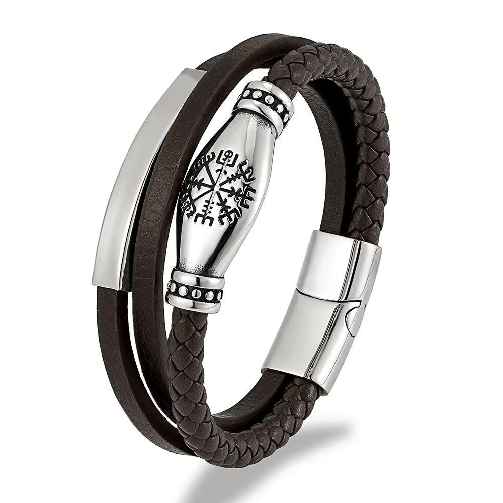 Men's Multi-Strand Leather Bracelet with Engraved Viking Symbol, Braided Leather Bracelet with Customizable Stainless Steel Plate, Vilfrid Model
