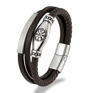 Bracelet cuir homme multi rangs avec symbole viking gravé, bracelet cuir tressé et plaque acier inoxydable personnalisable, modèle Vilfrid