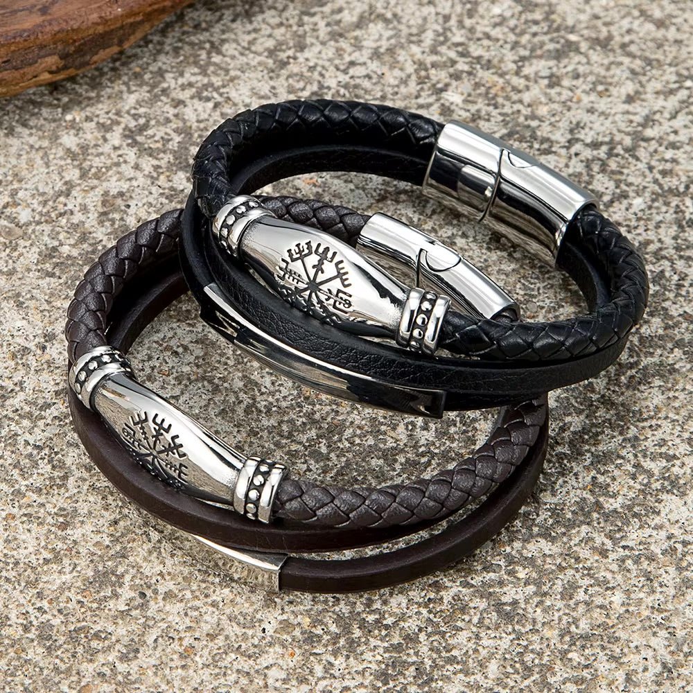 Men's Multi-Strand Leather Bracelet with Engraved Viking Symbol, Braided Leather Bracelet with Customizable Stainless Steel Plate, Vilfrid Model