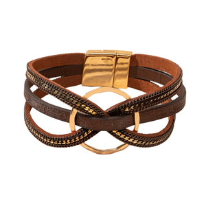 Bracelet cuir multi rangs, anneau central doré, fermoir magnétique, style bohème chic moderne, modèle Satia