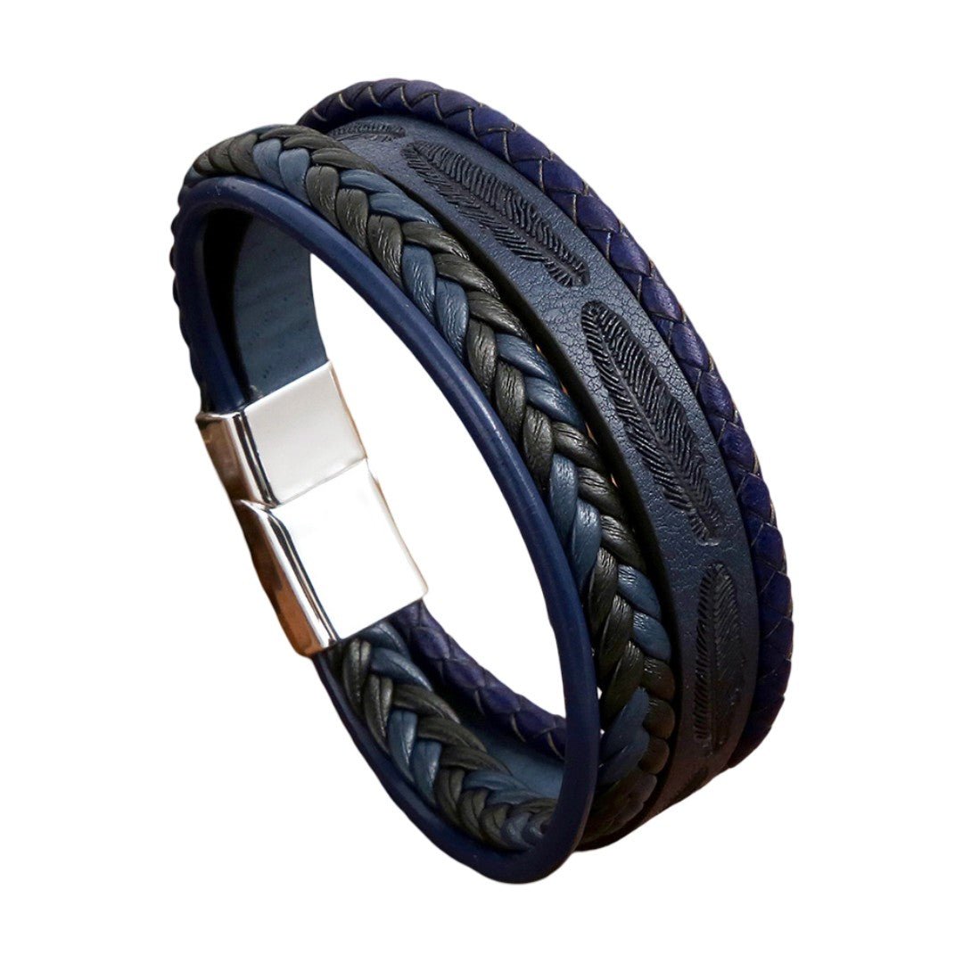Multi-strand braided bracelet, engraved feather design, magnetic clasp, for men, Greg model