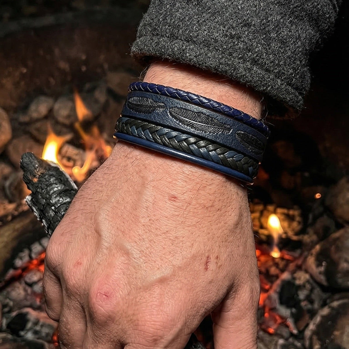 Multi-strand braided bracelet, engraved feather design, magnetic clasp, for men, Greg model