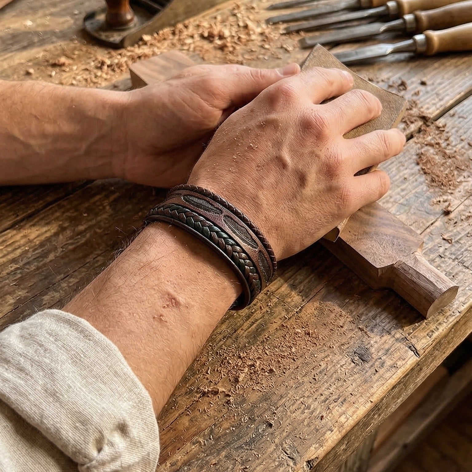 Bracelet cuir multi rangs homme, bracelet tressé avec motif plume, fermoir magnétique acier inoxydable, style naturel et caractère affirmé, modèle Greg