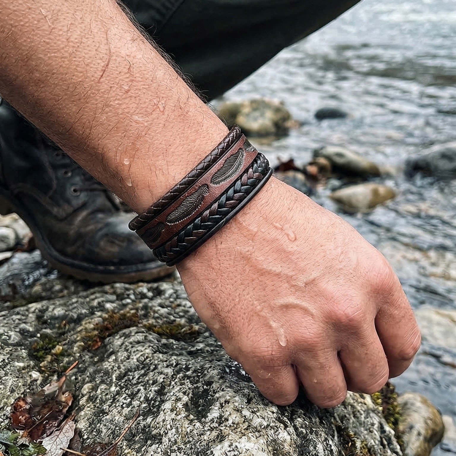 Bracelet cuir multi rangs homme, bracelet tressé avec motif plume, fermoir magnétique acier inoxydable, style naturel et caractère affirmé, modèle Greg