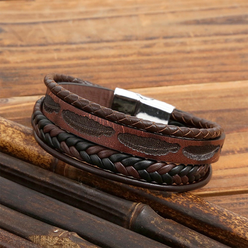 Multi-strand braided bracelet, engraved feather design, magnetic clasp, for men, Greg model