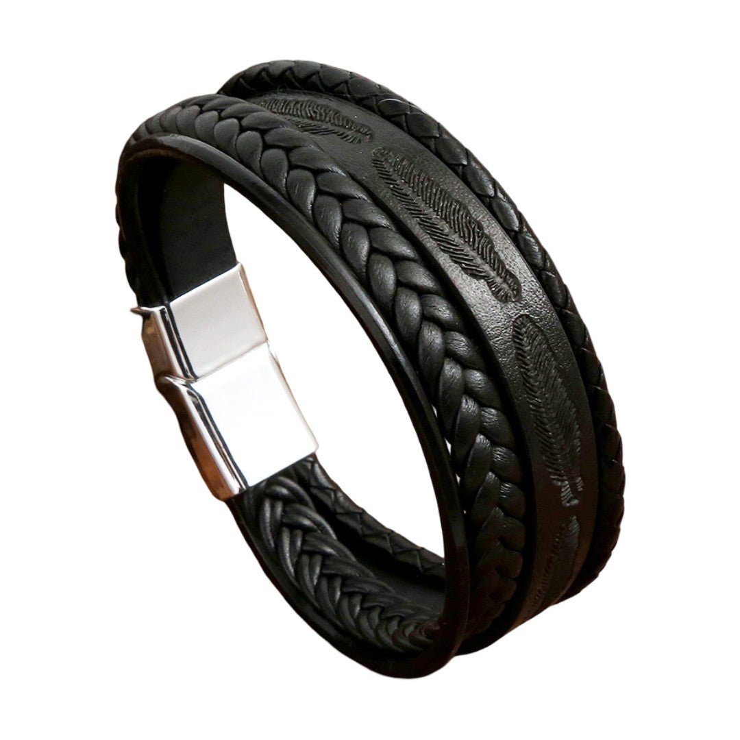 Multi-strand braided bracelet, engraved feather design, magnetic clasp, for men, Greg model