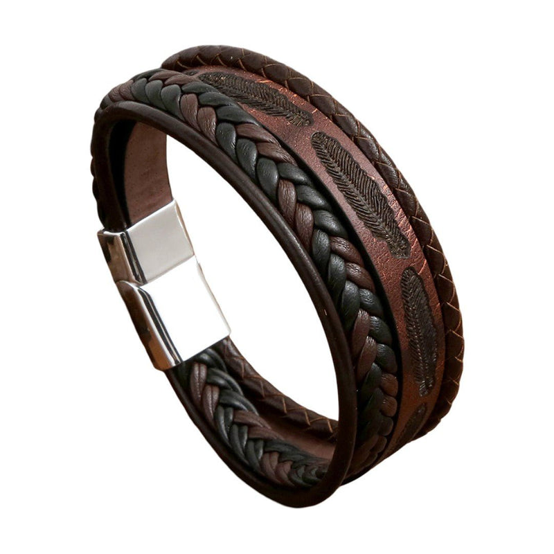 Bracelet cuir multi rangs homme, bracelet tressé avec motif plume, fermoir magnétique acier inoxydable, style naturel et caractère affirmé, modèle Greg