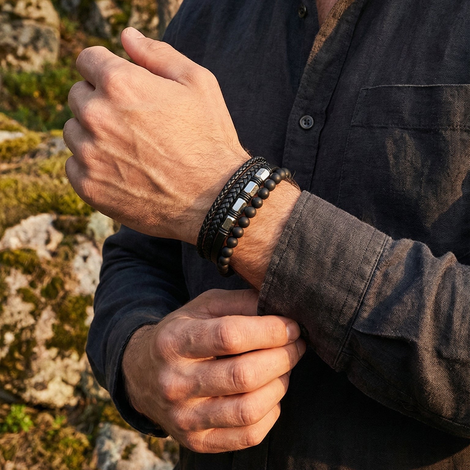 Pulseira de couro preto com várias voltas e contas de pedra natural, fecho magnético em aço inoxidável, estilo moderno e marcante, modelo Bastio