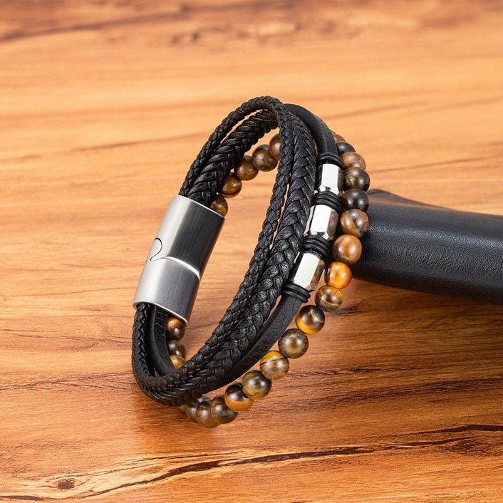 Pulseira de couro preto com várias voltas e contas de pedra natural, fecho magnético em aço inoxidável, estilo moderno e marcante, modelo Bastio