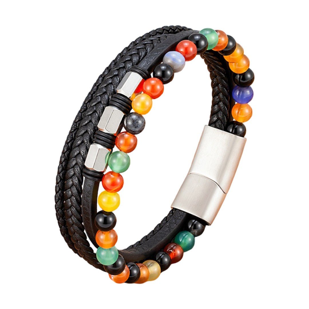 Pulseira de couro preto com várias voltas e contas de pedra natural, fecho magnético em aço inoxidável, estilo moderno e marcante, modelo Bastio