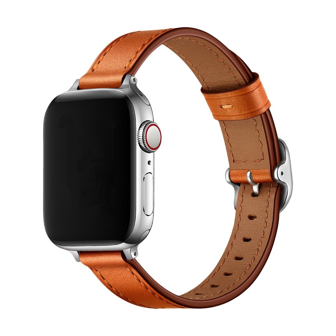 Bracelet en cuir pleine fleur camel avec boucle ovale en métal argenté pour Apple Watch.