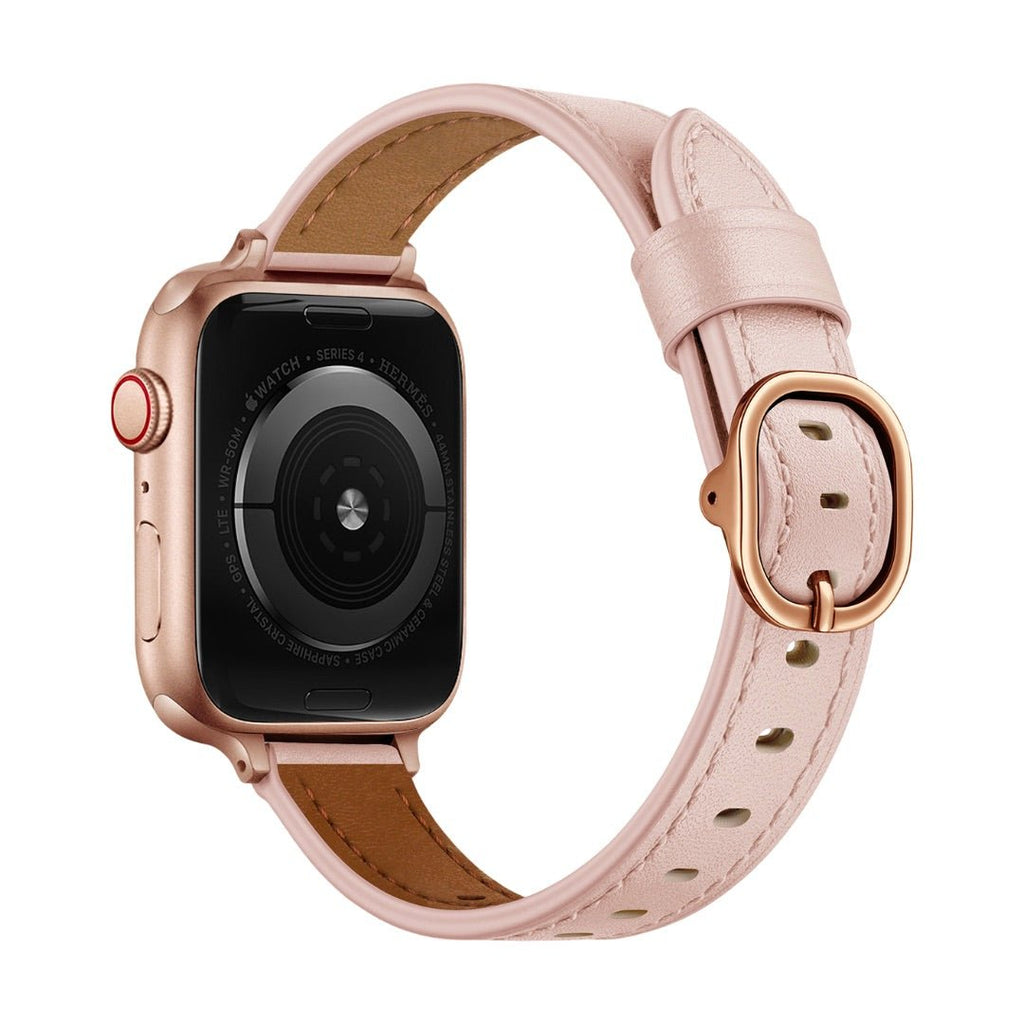 Bracelet Apple Watch en cuir pleine fleur rose pâle avec boucle ovale dorée élégante.
