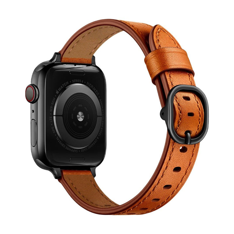 Bracelet Apple Watch en cuir pleine fleur marron clair avec boucle ovale noire élégante.