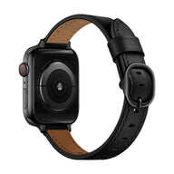 Bracelet en cuir noir pleine fleur avec boucle ovale noire pour Apple Watch, intérieur marron clair.