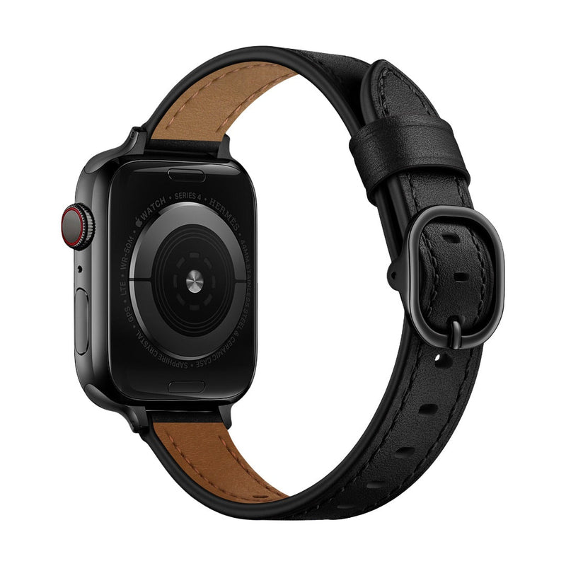 Bracelet en cuir noir pleine fleur avec boucle ovale noire pour Apple Watch, intérieur marron clair.