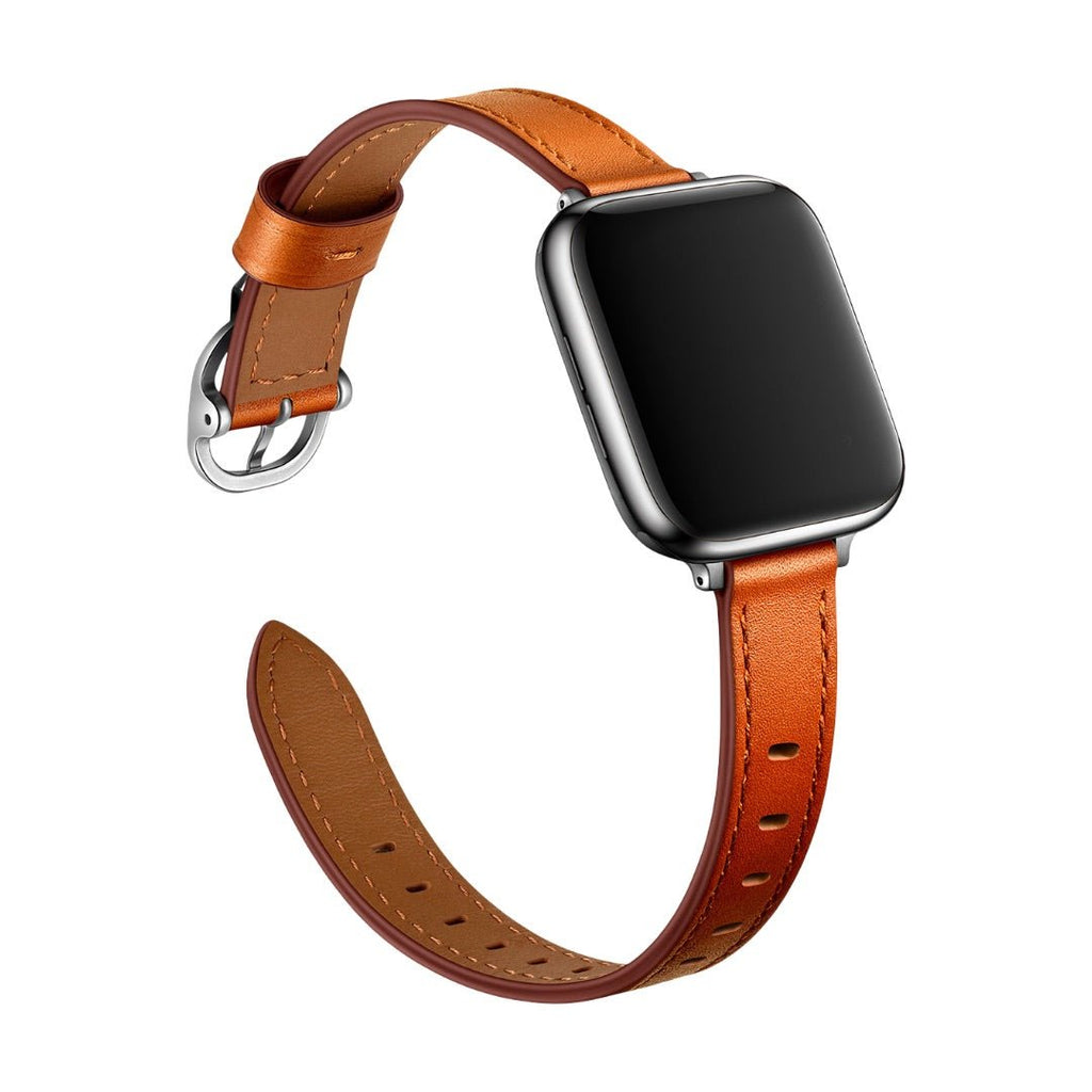 Bracelet en cuir pleine fleur marron clair pour Apple Watch avec boucle ovale métallique argentée élégante.