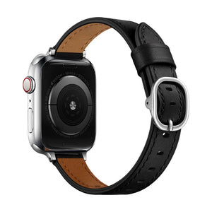 Bracelet en cuir noir pleine fleur pour Apple Watch, boucle ovale argentée, intérieur marron clair, style élégant.